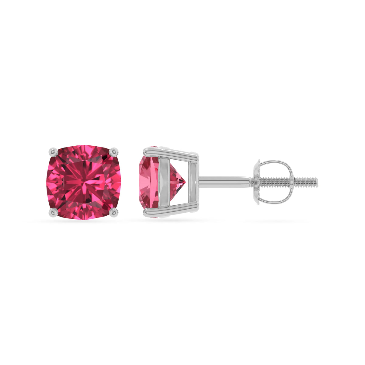 lab grown pink tourmaline cushion stud earrings in platinum 