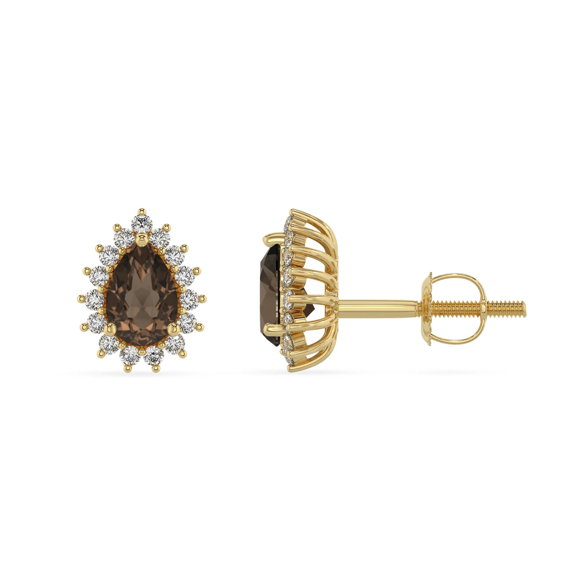 natural smoky quartz pear stud earrings in yellow gold 