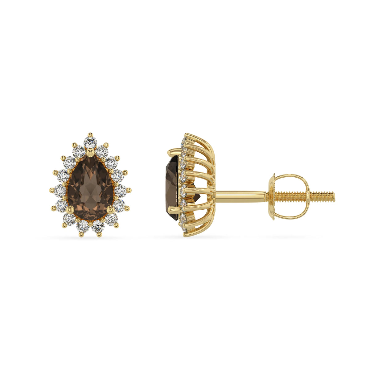 natural smoky quartz pear stud earrings in yellow gold 