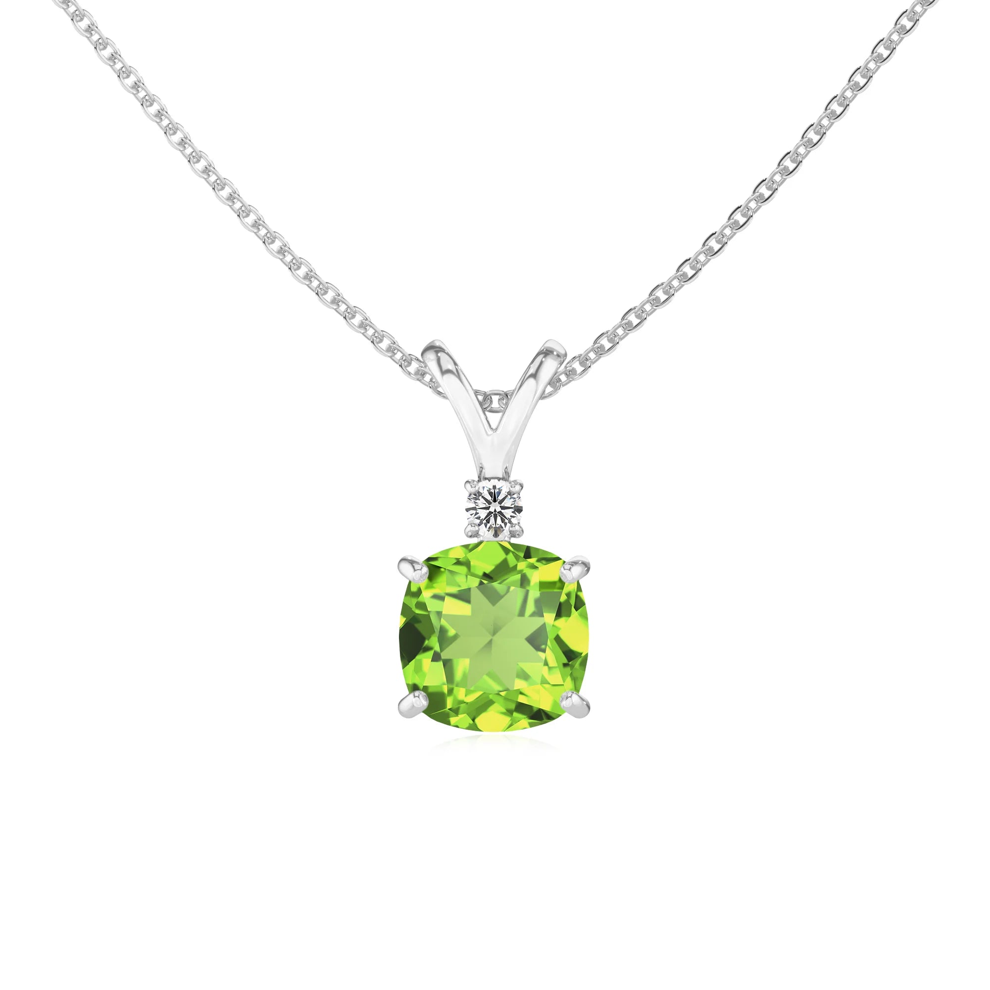 natural peridot cushion solitaire v-bale necklaces in white gold 