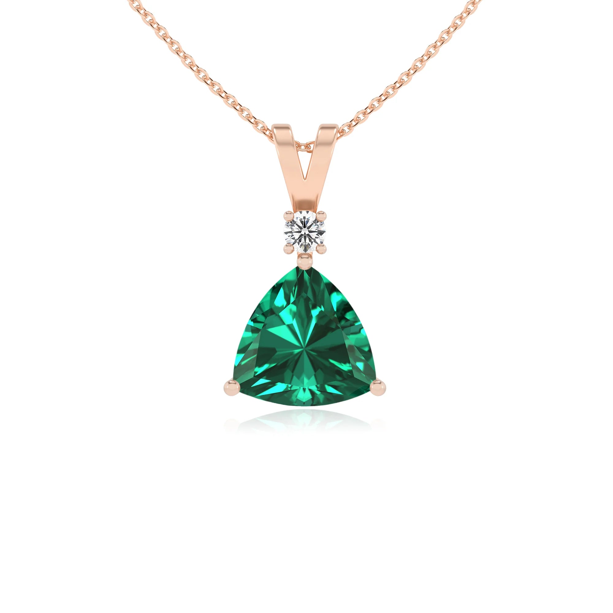lab grown emerald trillion solitaire v-bale necklaces in rose gold 