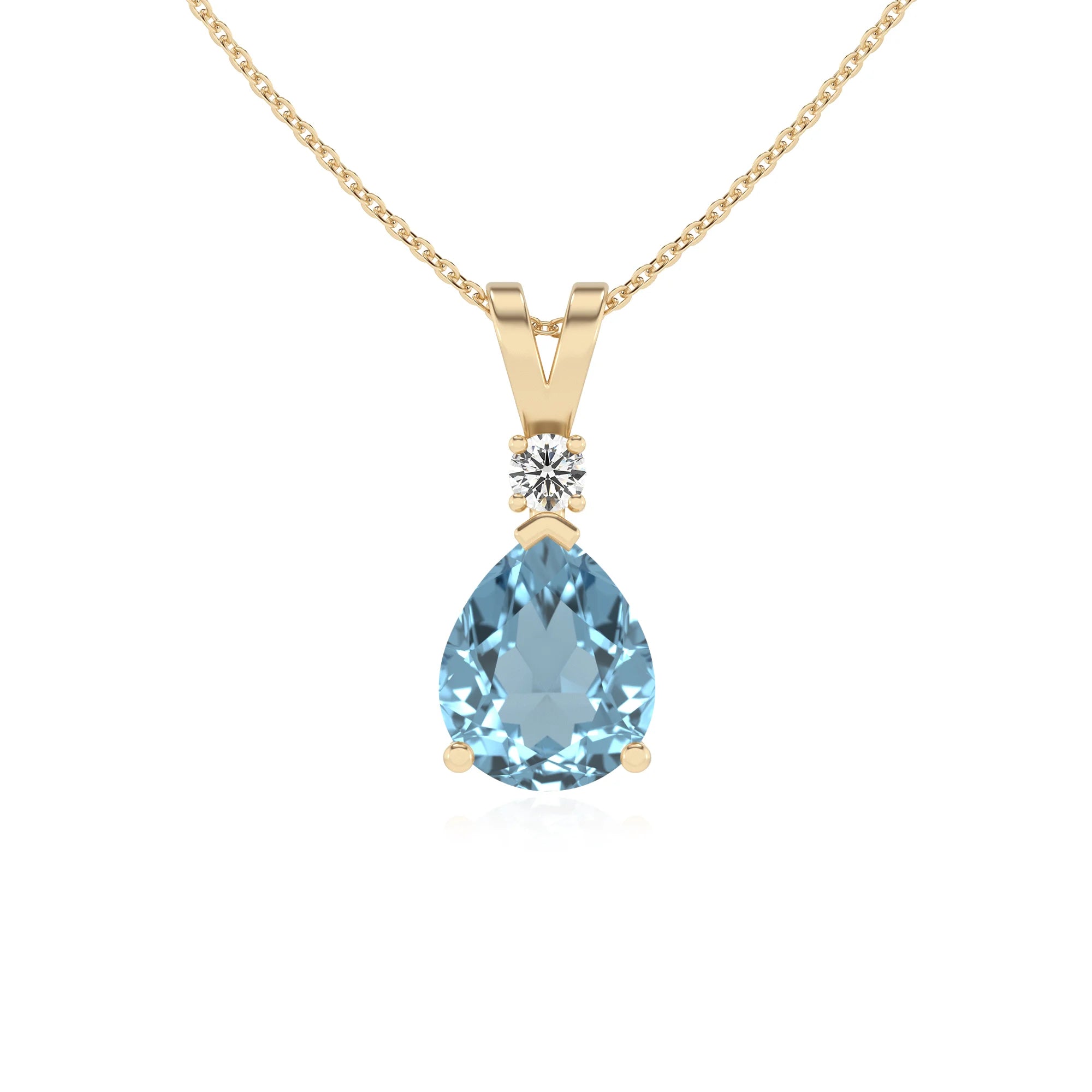 lab grown aquamarine pear solitaire v-bale necklaces in yellow gold 
