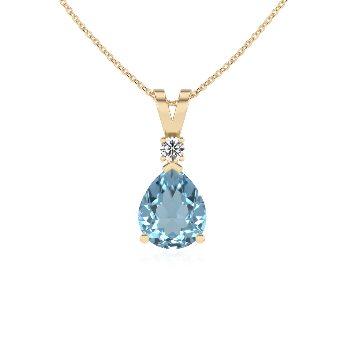 lab grown aquamarine pear solitaire v-bale necklaces in yellow gold 