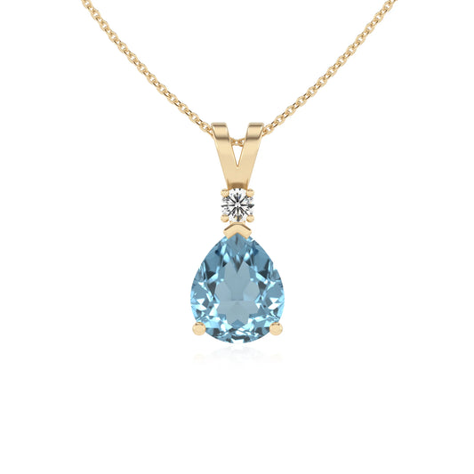 lab grown aquamarine pear solitaire v-bale necklaces in yellow gold 