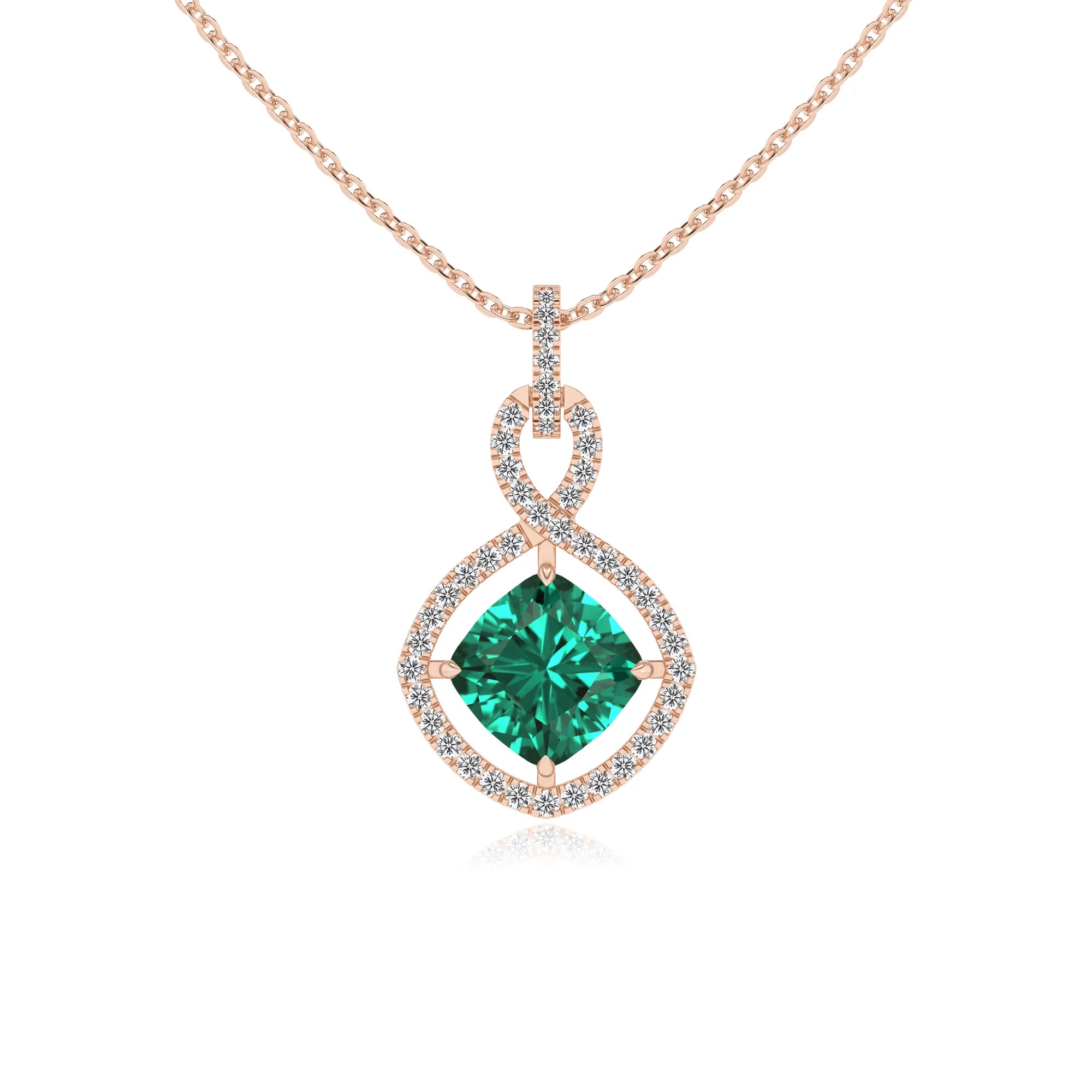 lab grown emerald cushion infinity necklaces in rose gold 