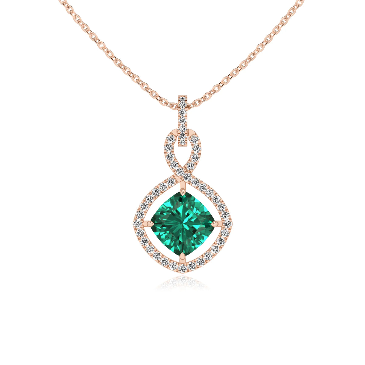 lab grown emerald cushion infinity necklaces in rose gold 