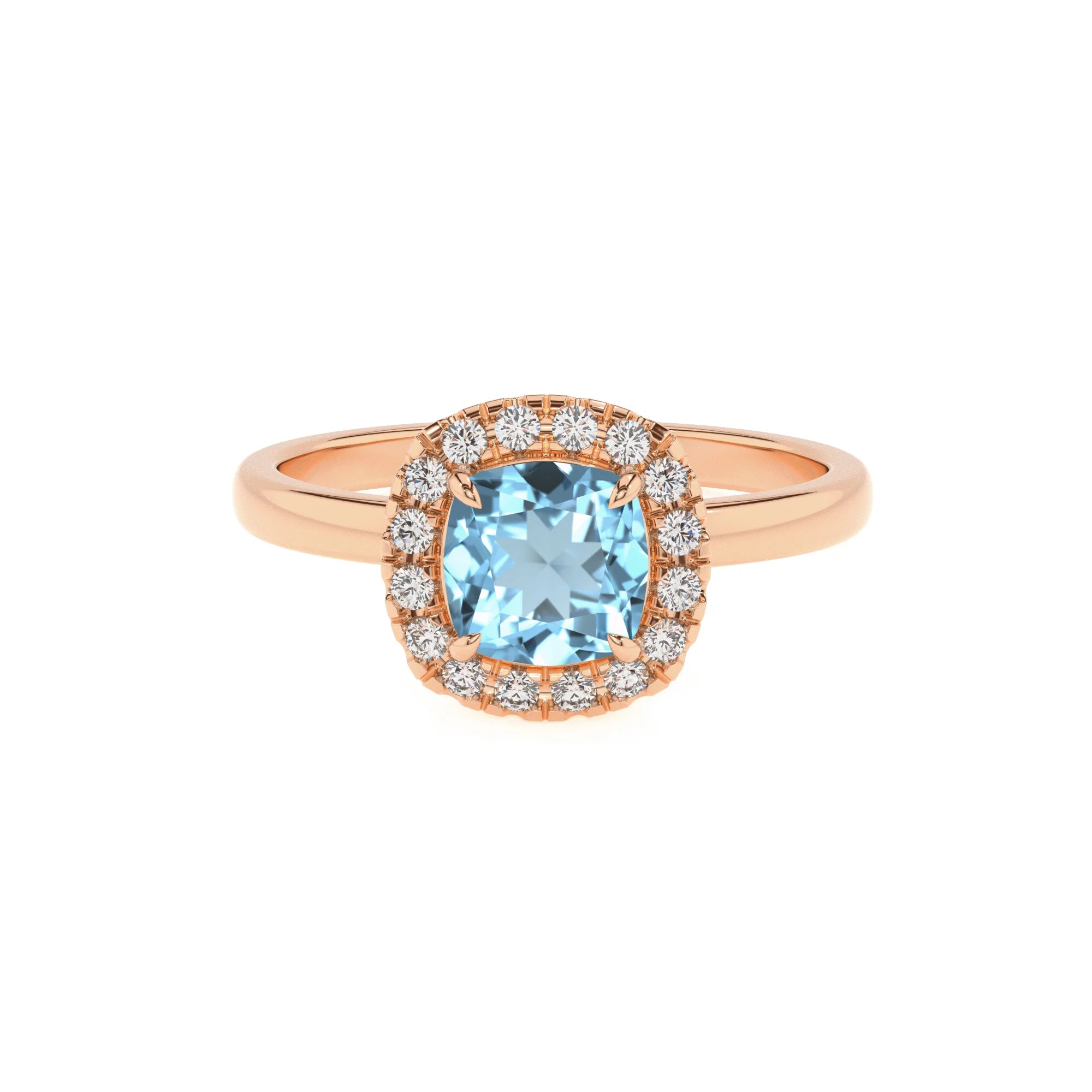 lab grown aquamarine cushion solitaire rings in rose gold 