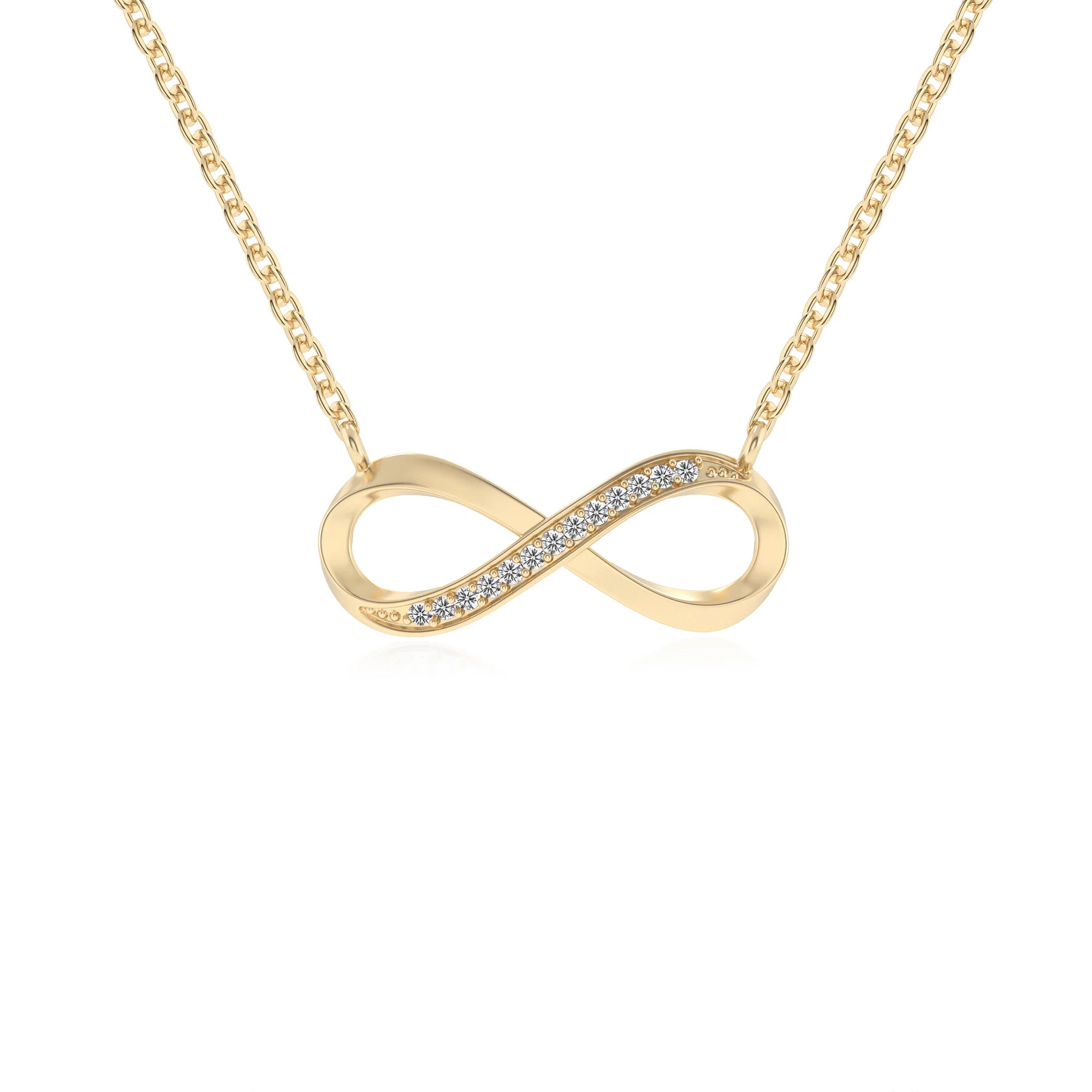 lab grown moissanite round infinity v-bale necklaces in yellow gold 