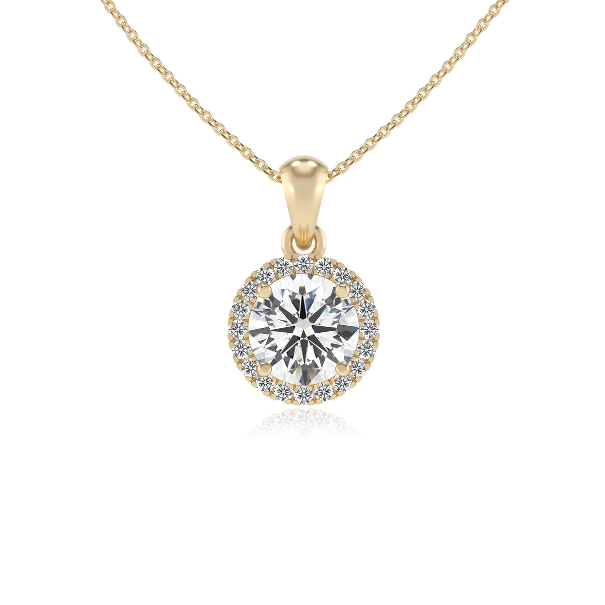 lab grown moissanite round solitaire necklaces in yellow gold 
