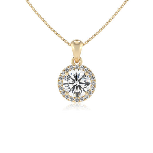 lab grown moissanite round solitaire necklaces in yellow gold 