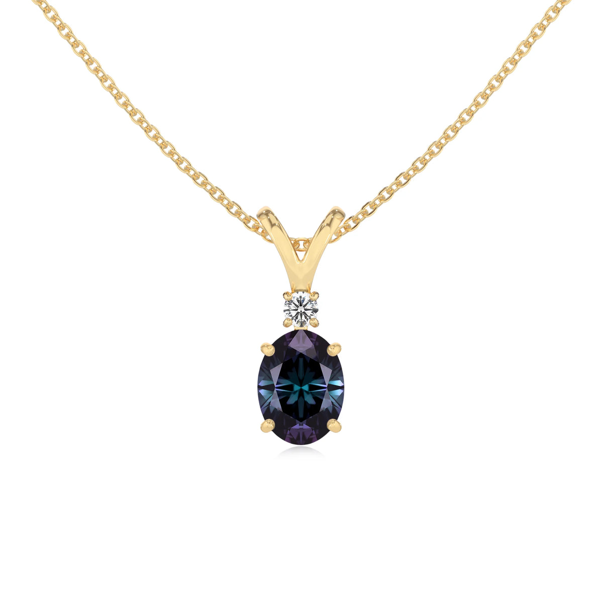 lab grown alexandrite oval solitaire v-bale necklaces in yellow gold 