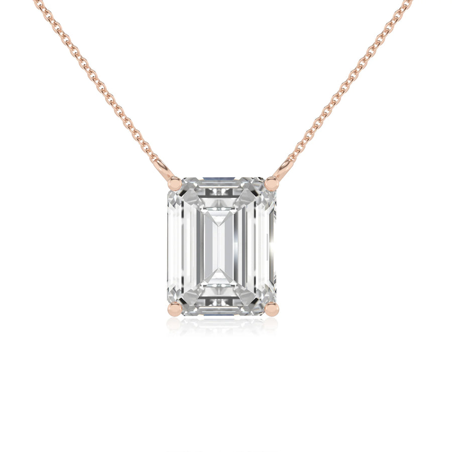 lab grown moissanite emerald cut solitaire necklaces in rose gold 