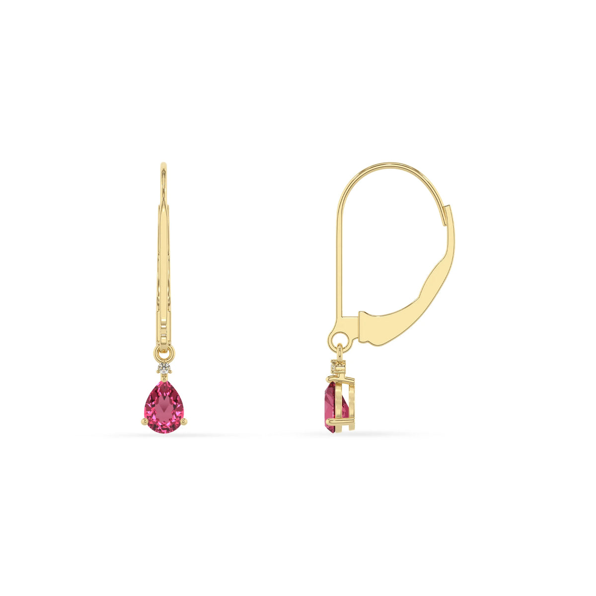 lab grown pink tourmaline pear drop earrings in yellow gold 