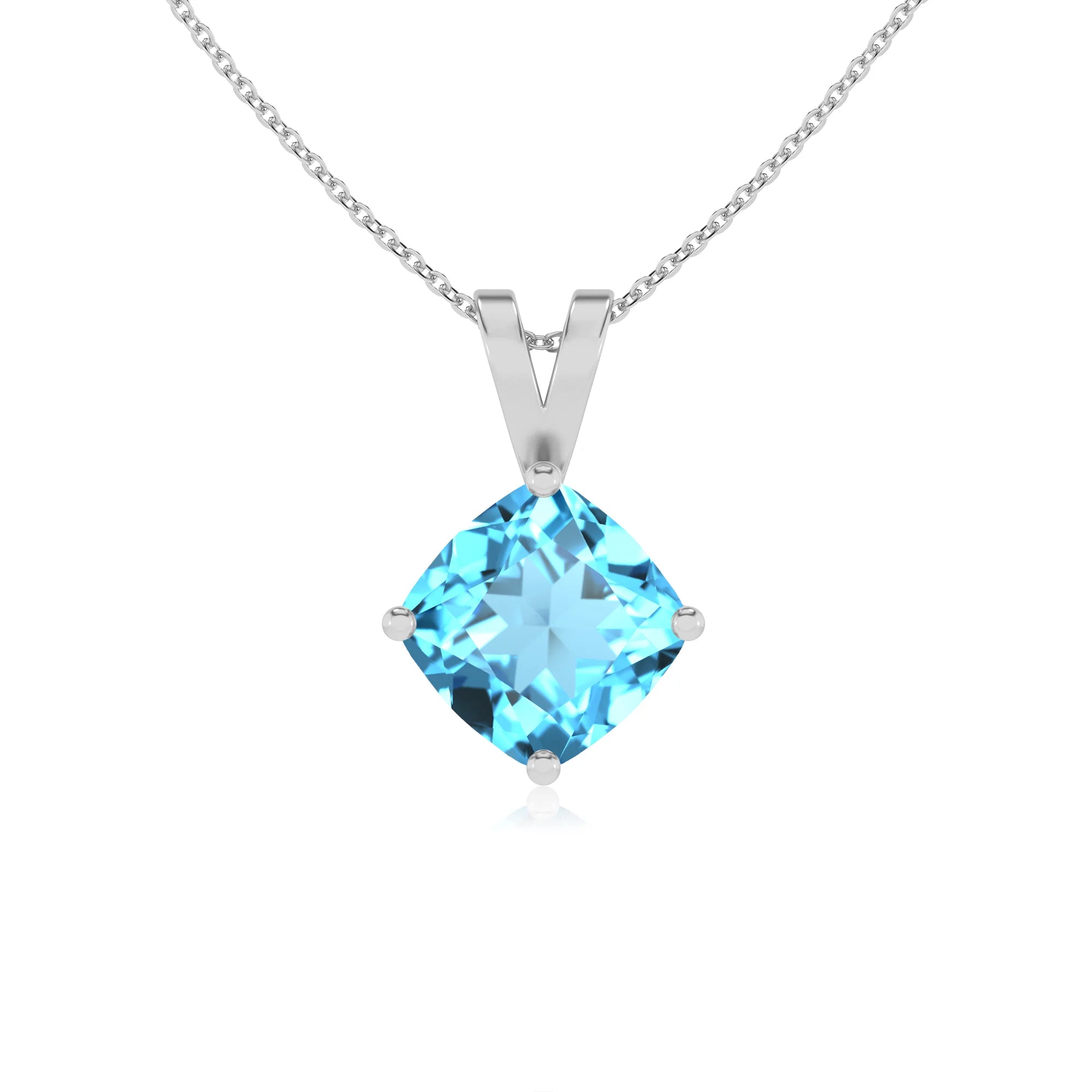 natural swiss-blue-topaz cushion solitaire v-bale necklaces in sterling silver 