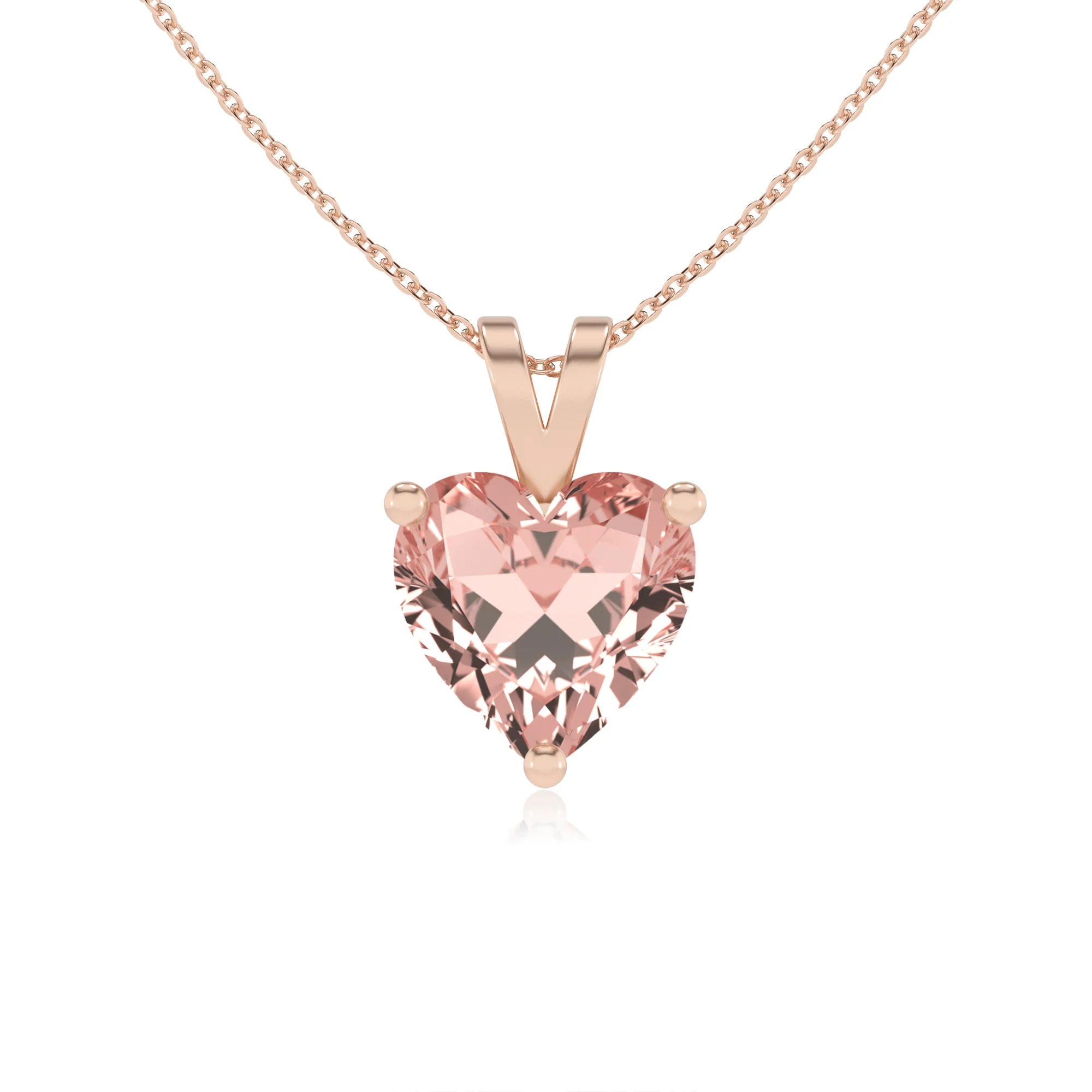 lab grown morganite heart solitaire v-bale necklaces in rose gold 