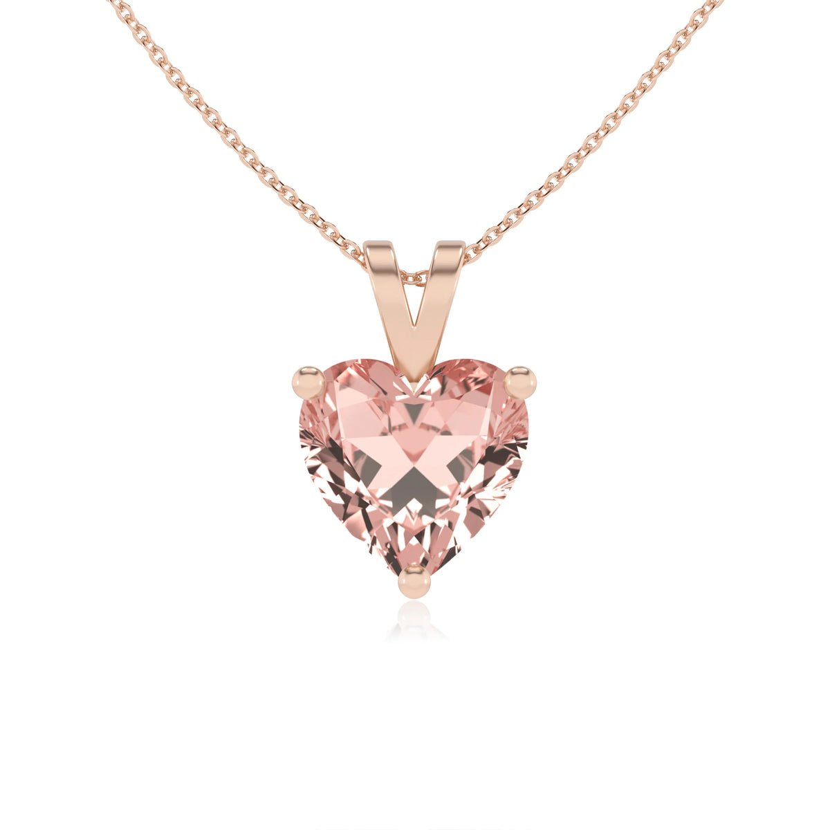 lab grown morganite heart solitaire v-bale necklaces in rose gold 