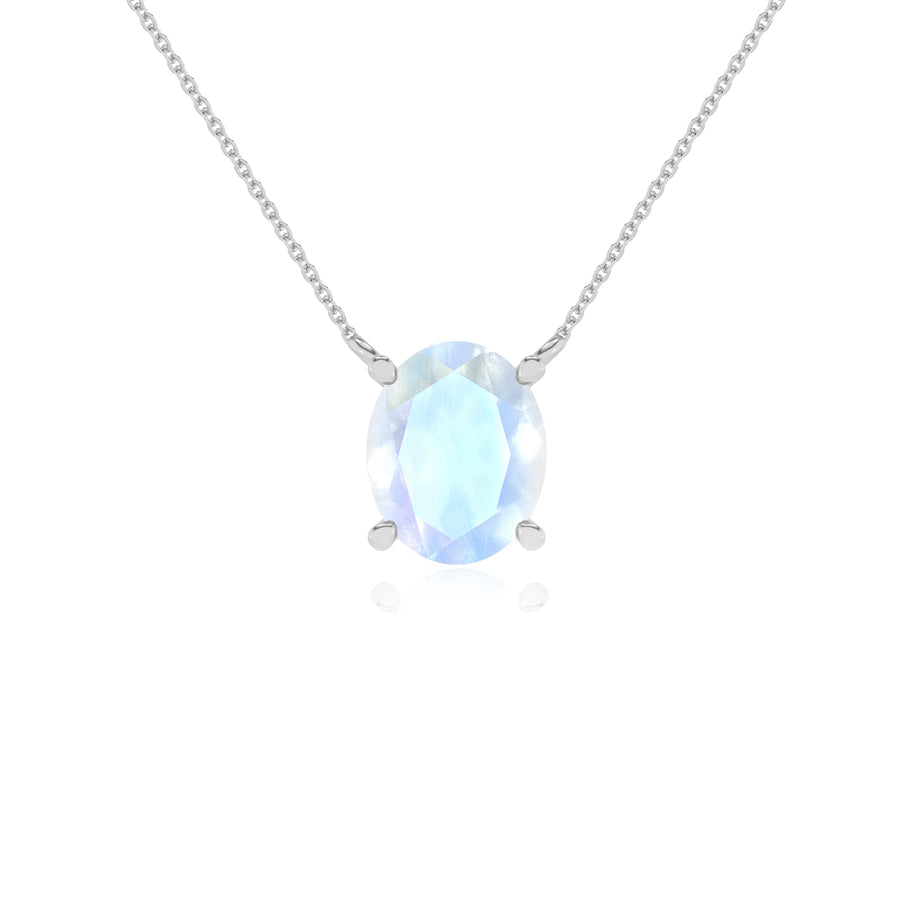 natural rainbow-moonstone oval solitaire necklaces in white gold 