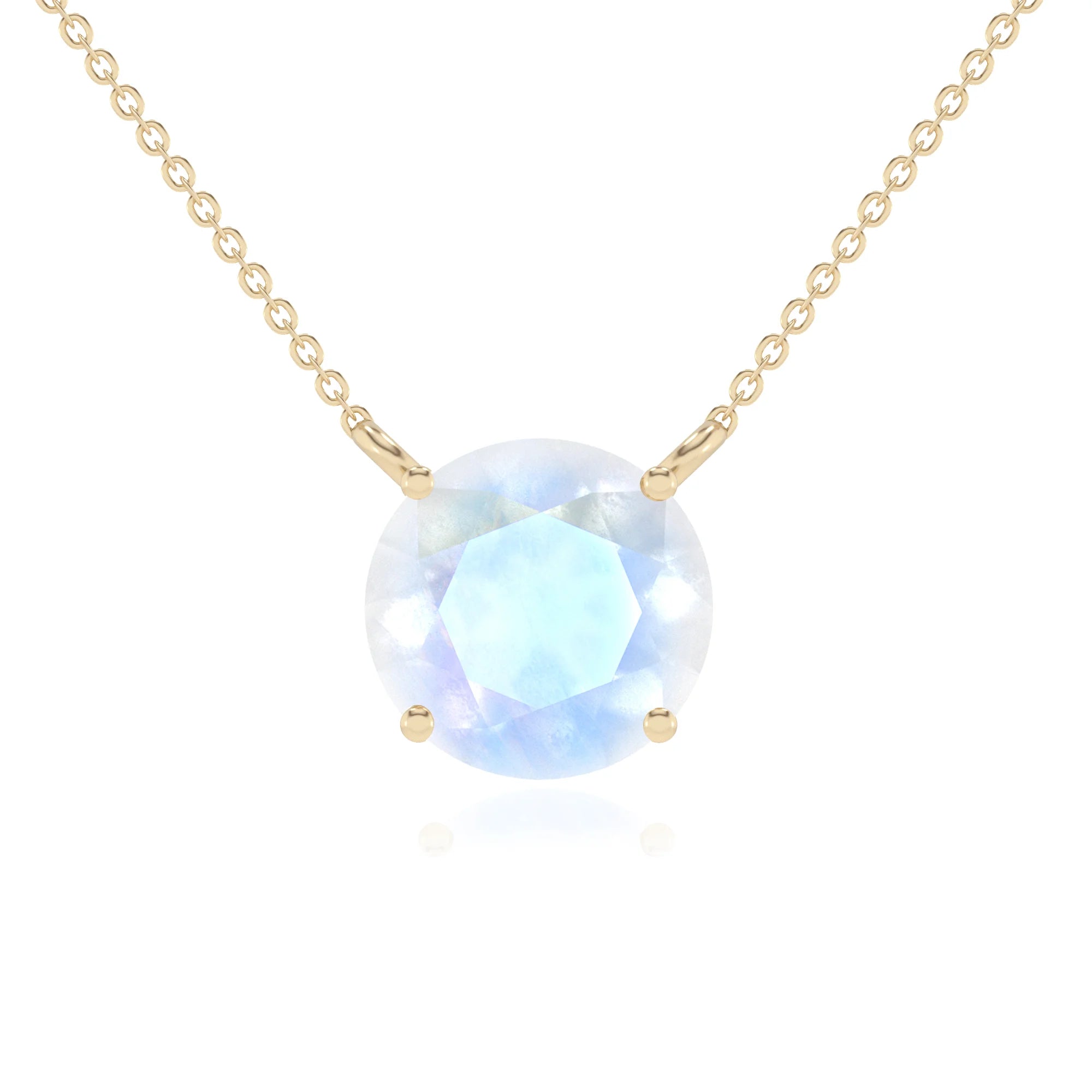 natural rainbow-moonstone round solitaire necklaces in yellow gold 