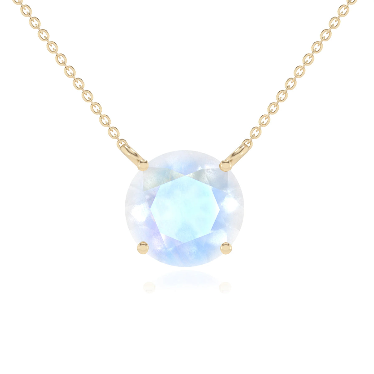 natural rainbow-moonstone round solitaire necklaces in yellow gold 