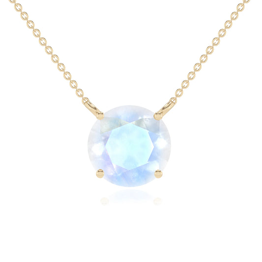 natural rainbow-moonstone round solitaire necklaces in yellow gold 