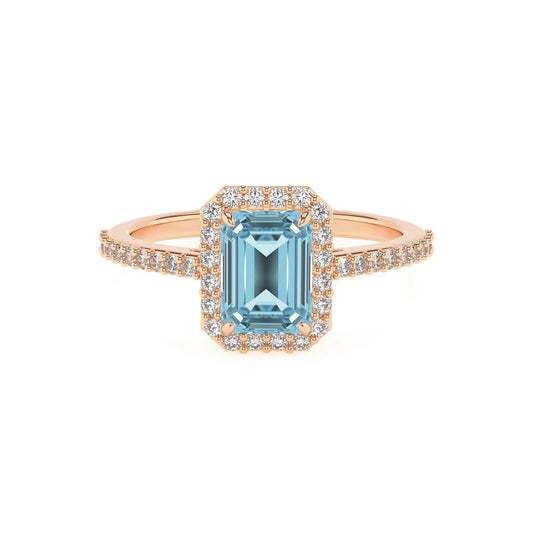 lab grown aquamarine emerald cut solitaire rings in rose gold 