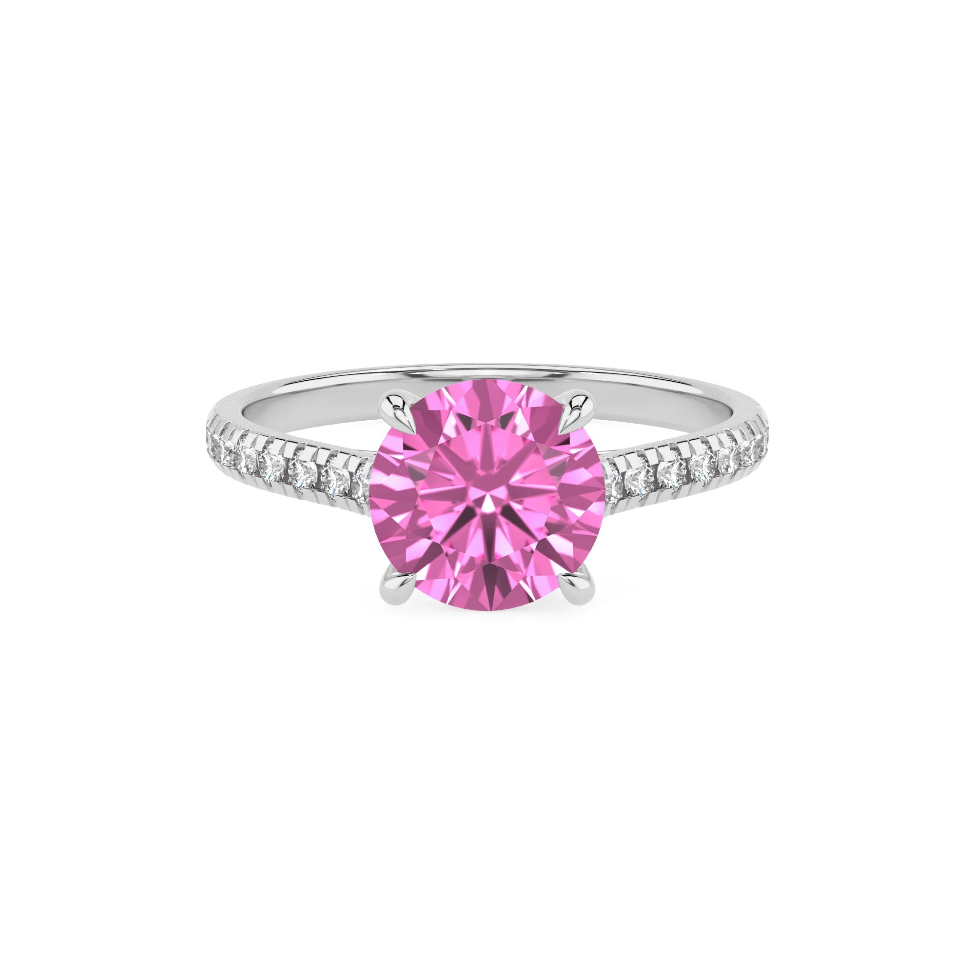 lab grown pink-sapphire round half eternity solitaire engagement rings in white gold 