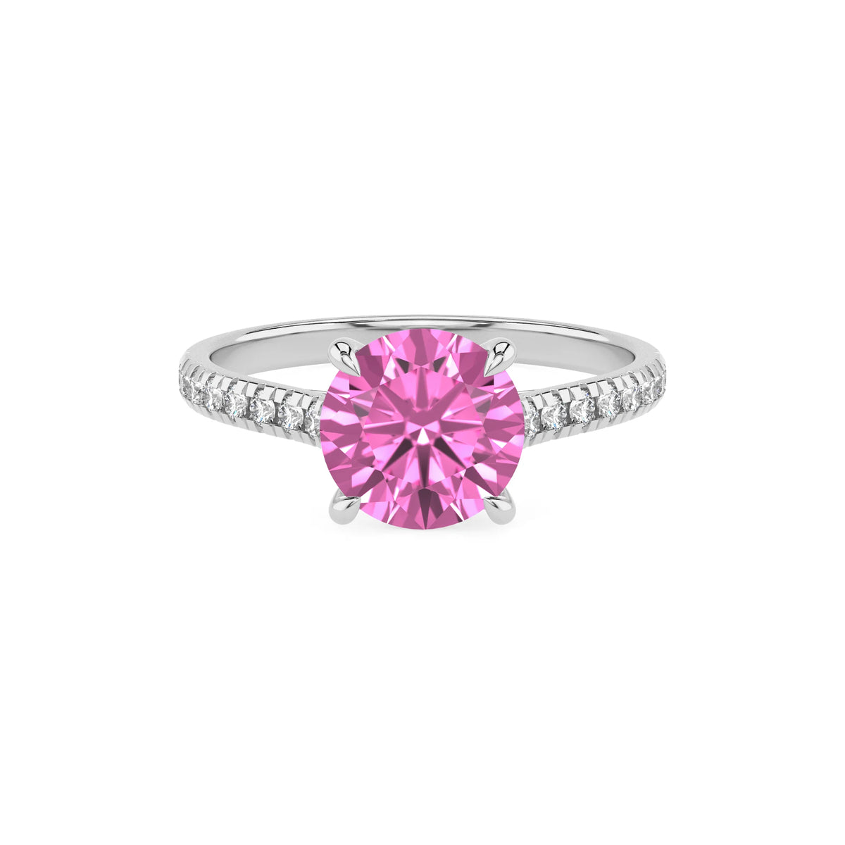 lab grown pink-sapphire round half eternity solitaire engagement rings in white gold 