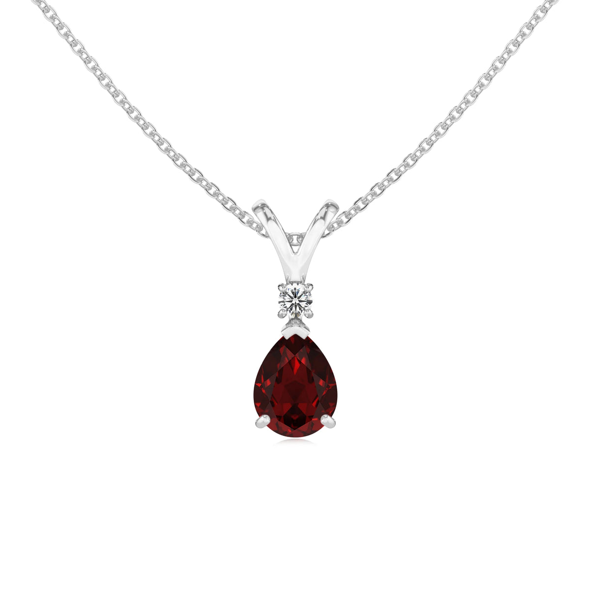 natural garnet pear solitaire v-bale necklaces in white gold 