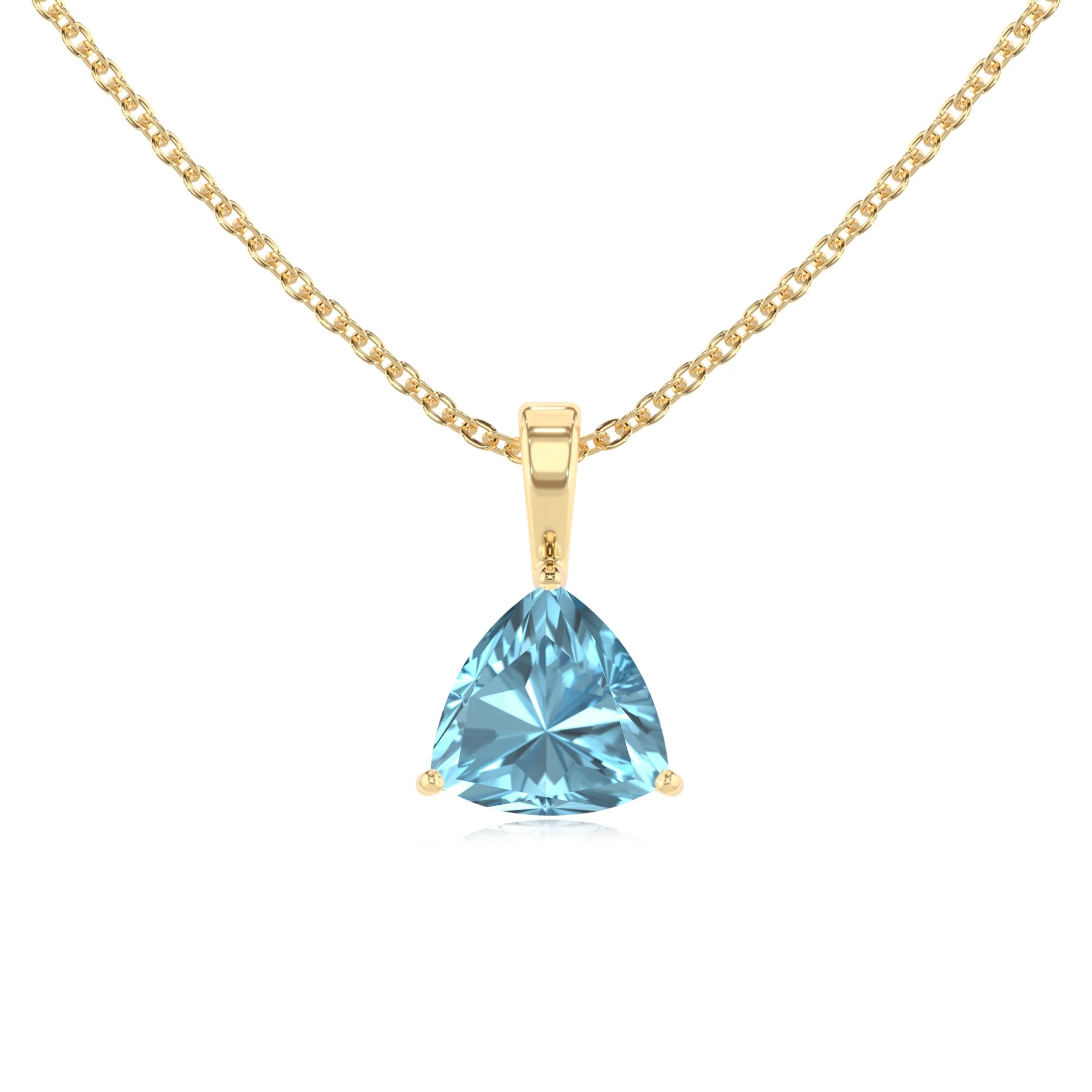 lab grown aquamarine trillion solitaire necklaces in yellow gold 