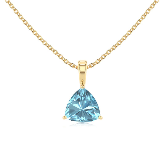 lab grown aquamarine trillion solitaire necklaces in yellow gold 