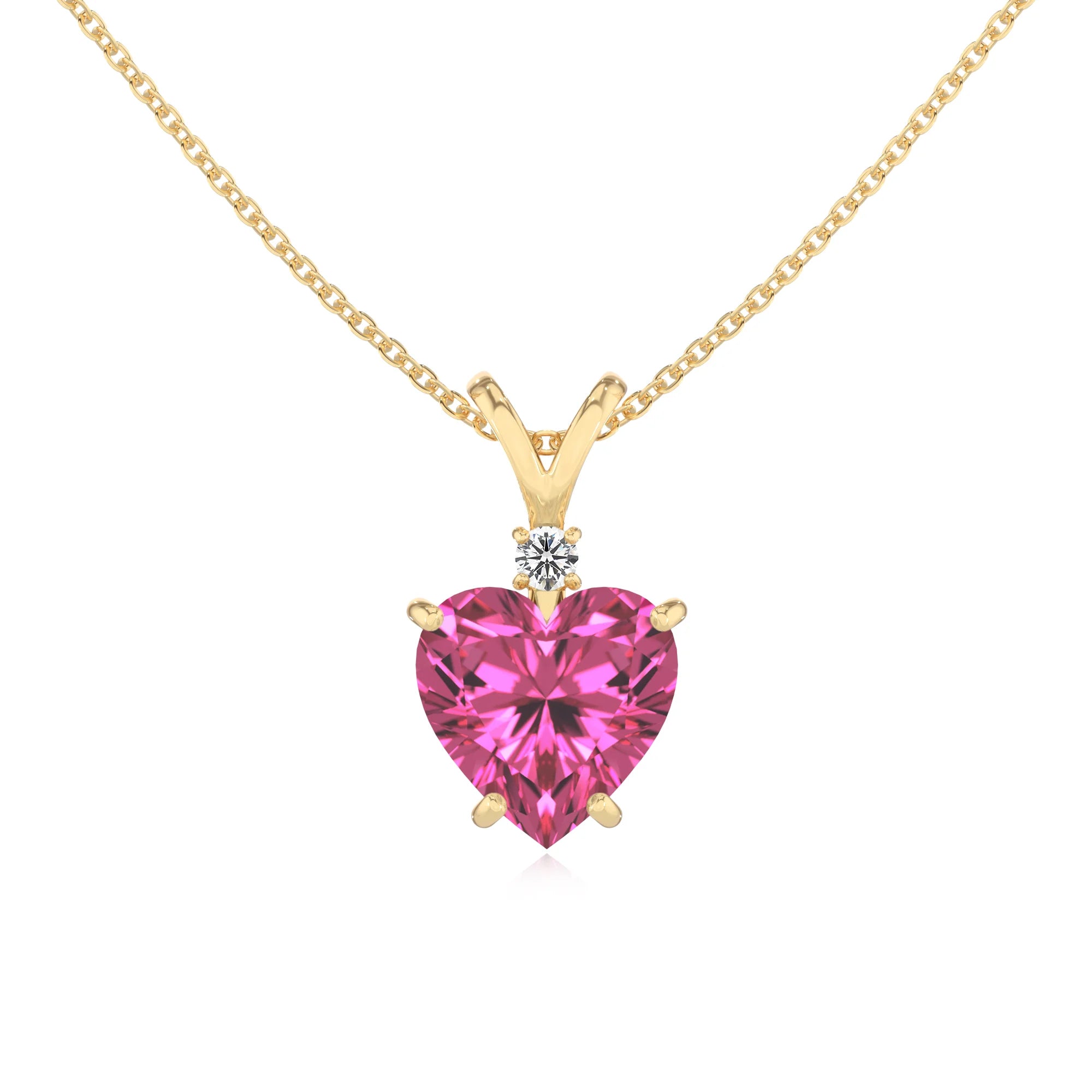 lab grown pink-sapphire heart solitaire v-bale necklaces in yellow gold 