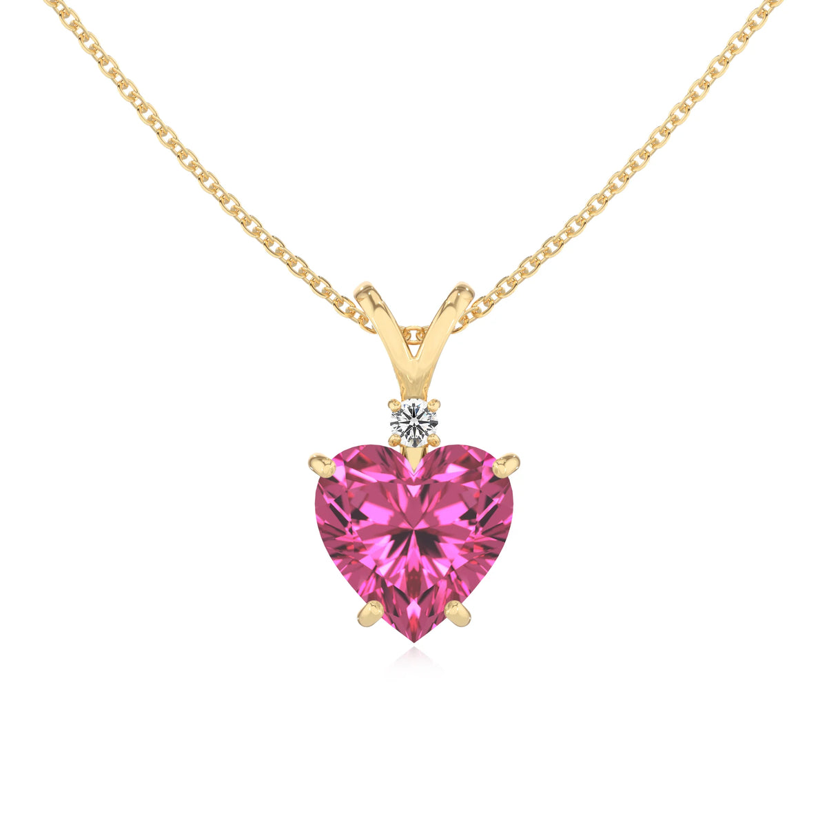 lab grown pink-sapphire heart solitaire v-bale necklaces in yellow gold 