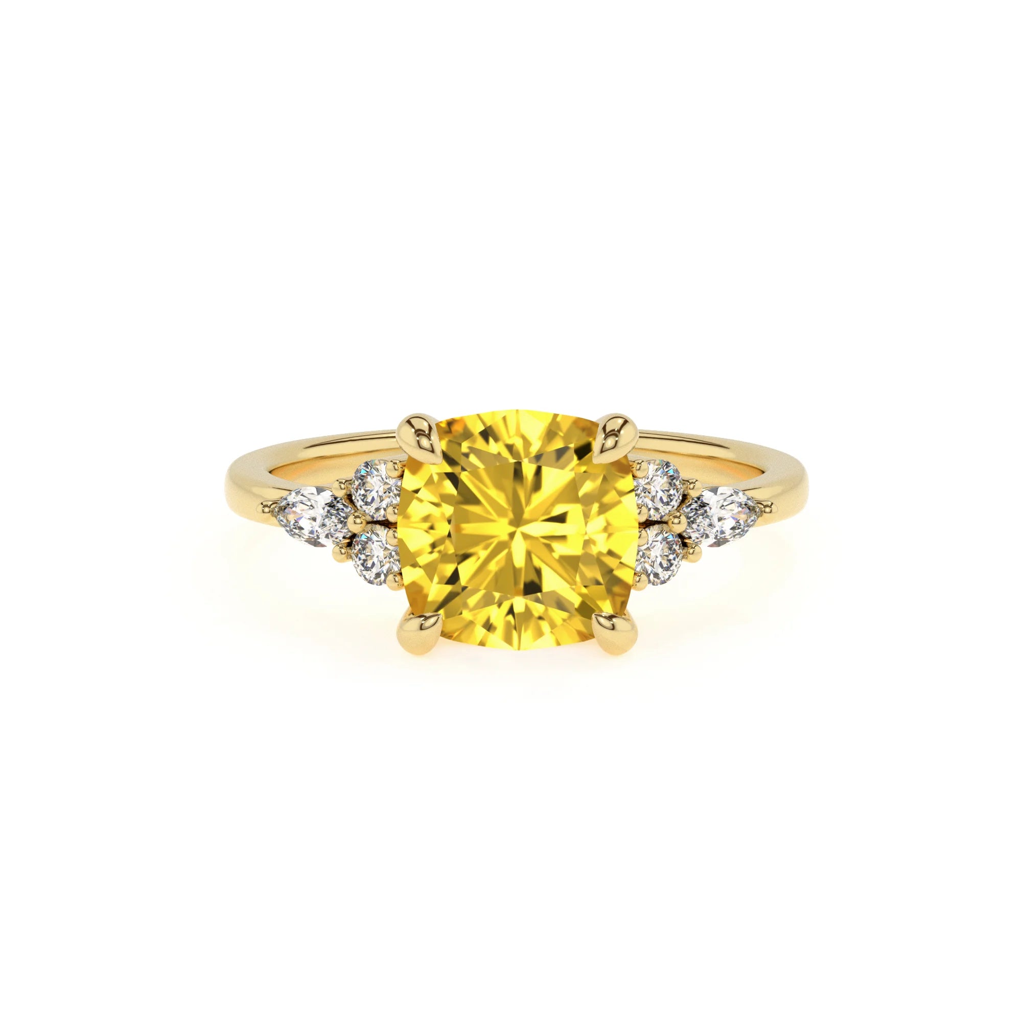 lab grown yellow-sapphire cushion solitaire rings in yellow gold 