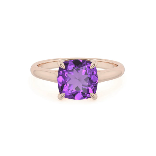 lab grown amethyst cushion solitaire rings in rose gold 