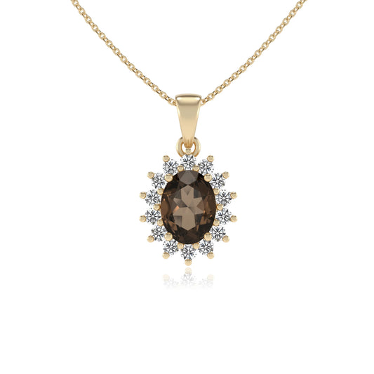 natural smoky-quartz oval halo necklaces in yellow gold 