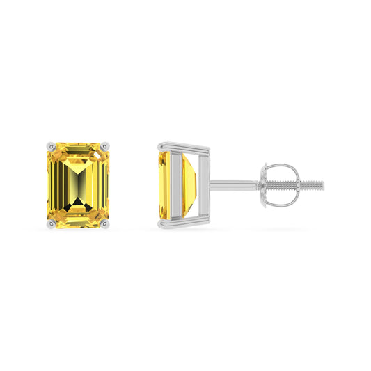 lab grown yellow sapphire emerald cut stud earrings in platinum 