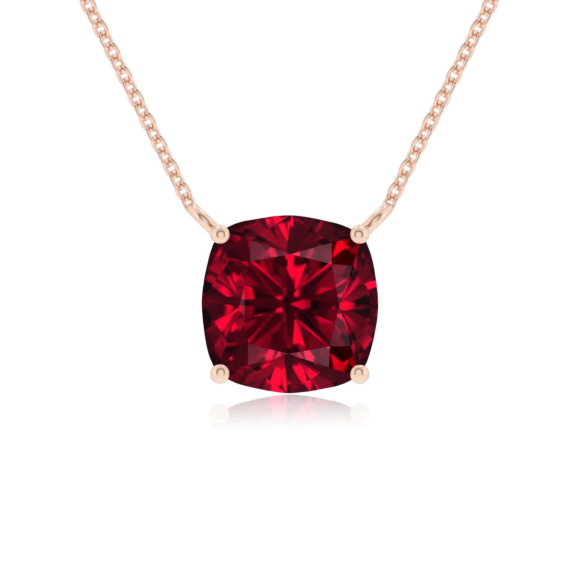 lab grown ruby cushion solitaire necklaces in rose gold 