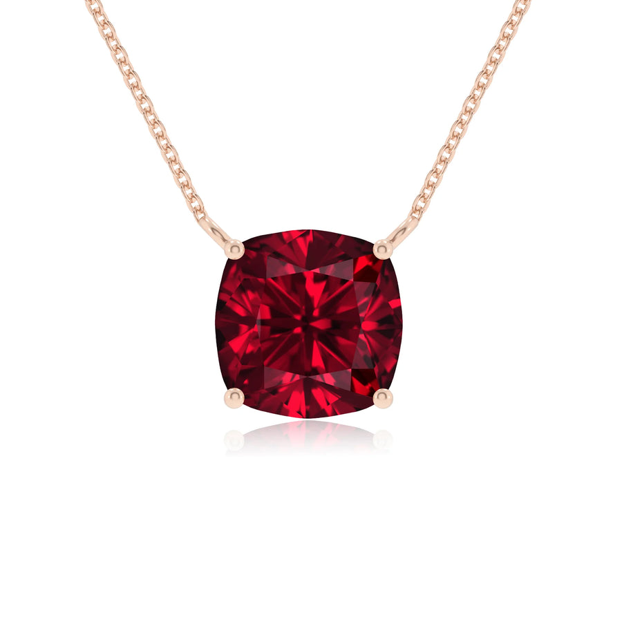 lab grown ruby cushion solitaire necklaces in rose gold 