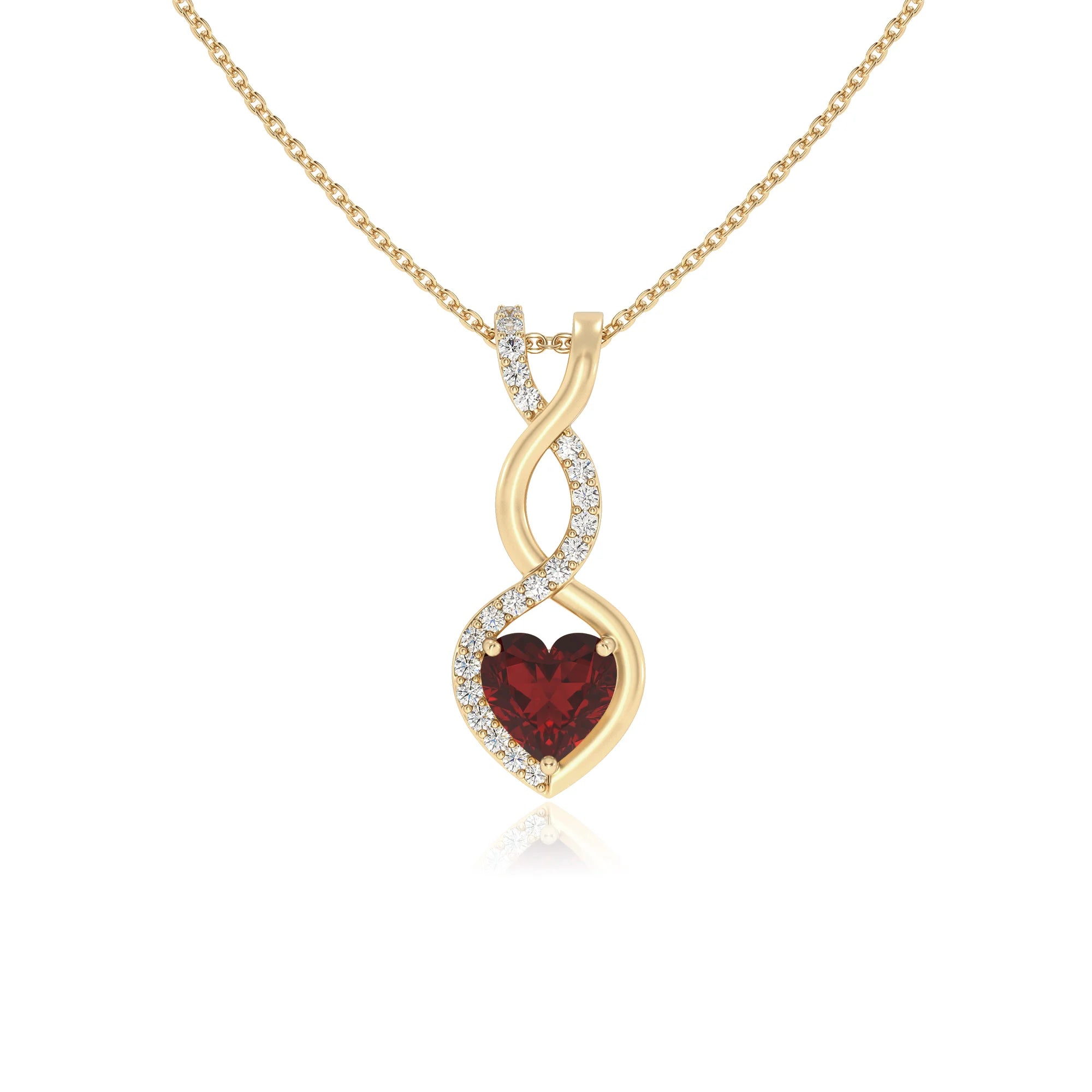 natural garnet heart infinity necklaces in yellow gold 