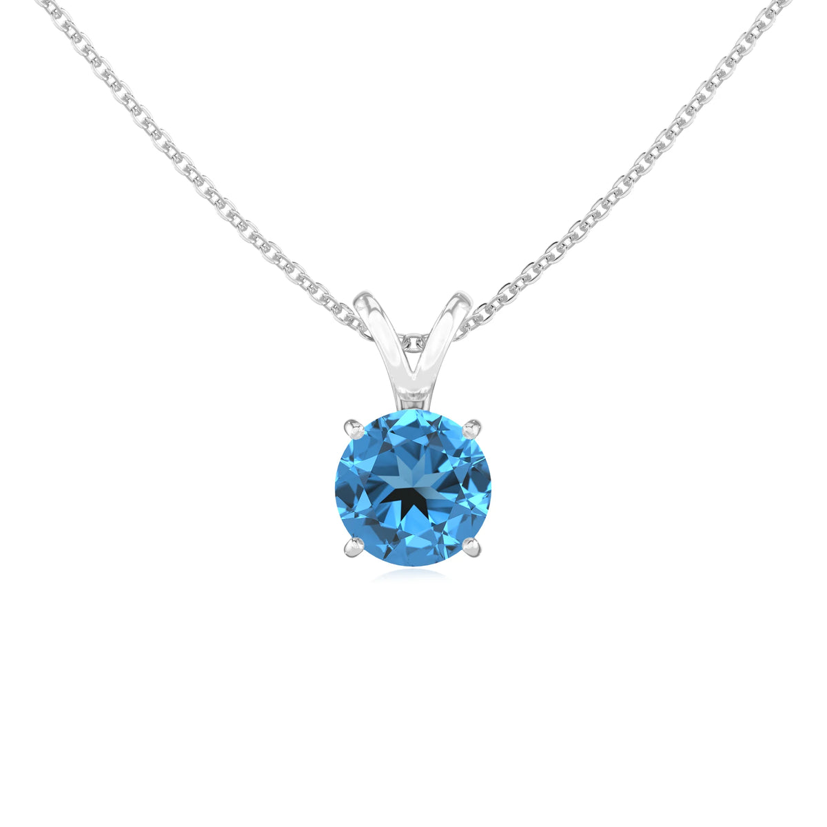 natural swiss-blue-topaz round solitaire v-bale necklaces in sterling silver 