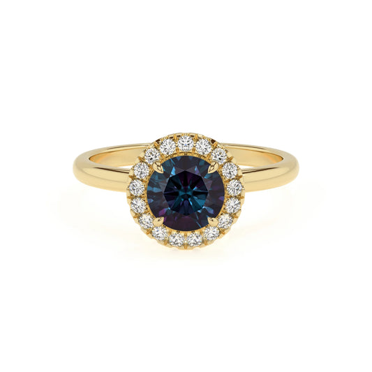 lab grown alexandrite round solitaire rings in yellow gold 