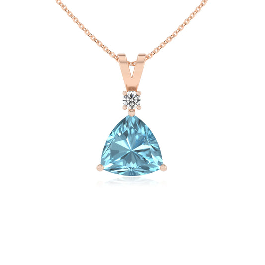 lab grown aquamarine trillion solitaire v-bale necklaces in rose gold 