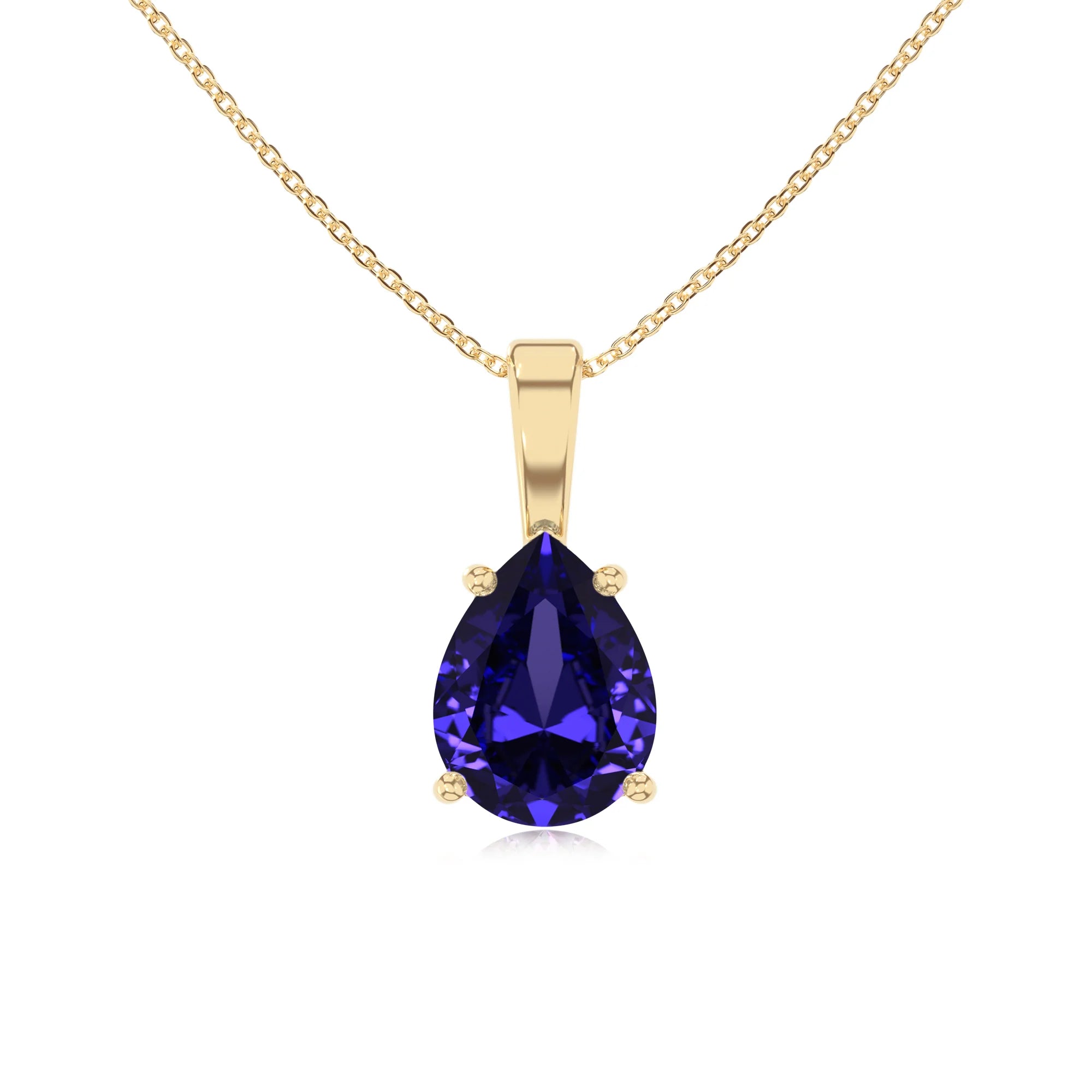 lab grown tanzanite pear solitaire necklaces in yellow gold 