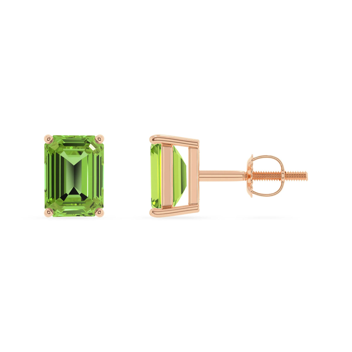 natural peridot emerald cut stud earrings in rose gold 