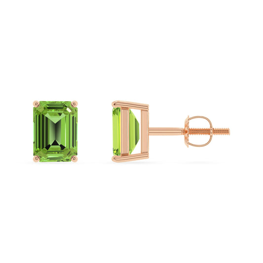 natural peridot emerald cut stud earrings in rose gold 