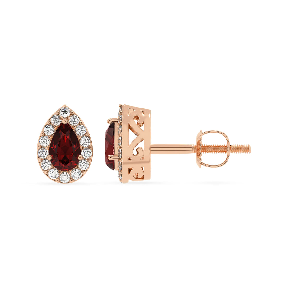 natural garnet pear stud earrings in rose gold 