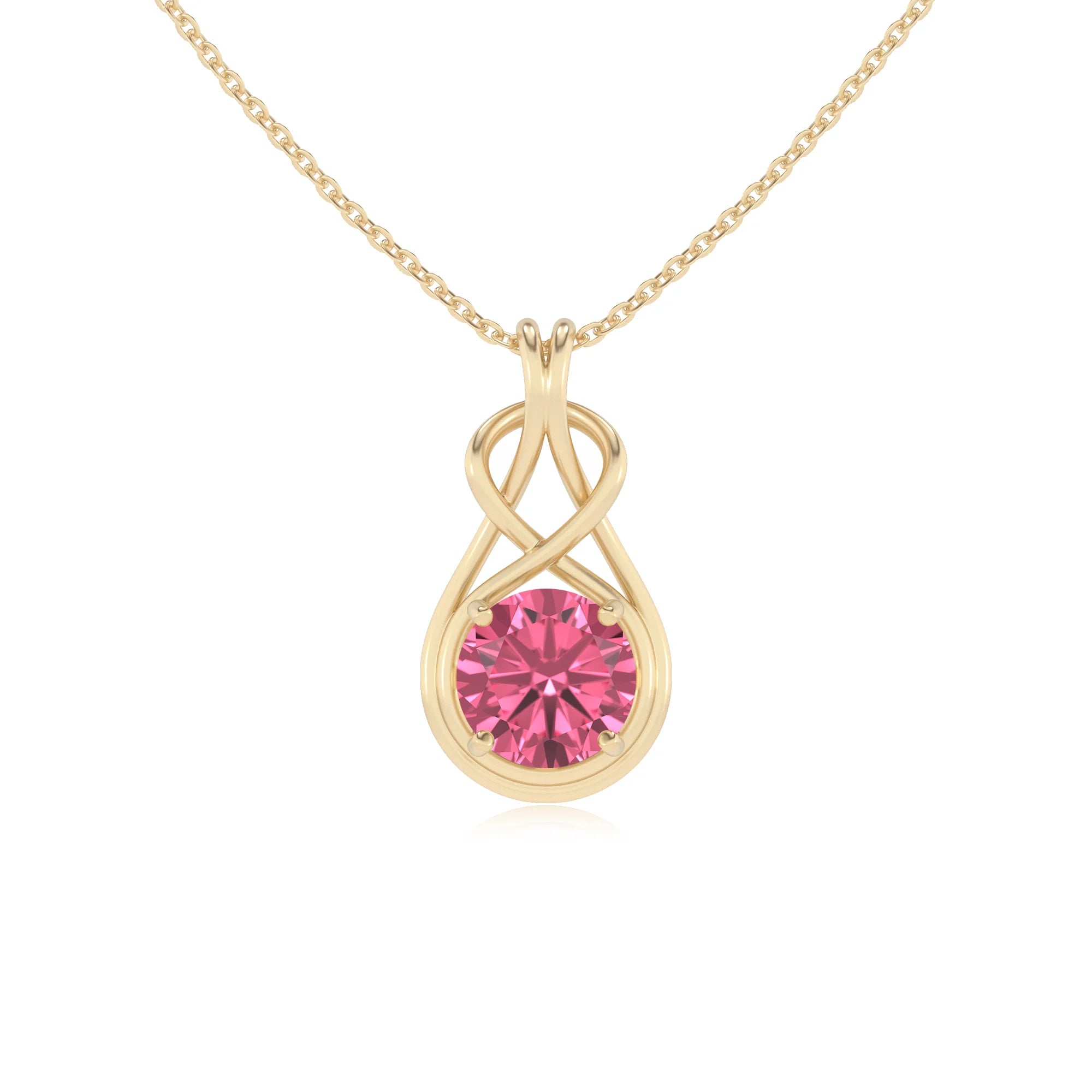lab grown pink-tourmaline round solitaire necklaces in yellow gold 