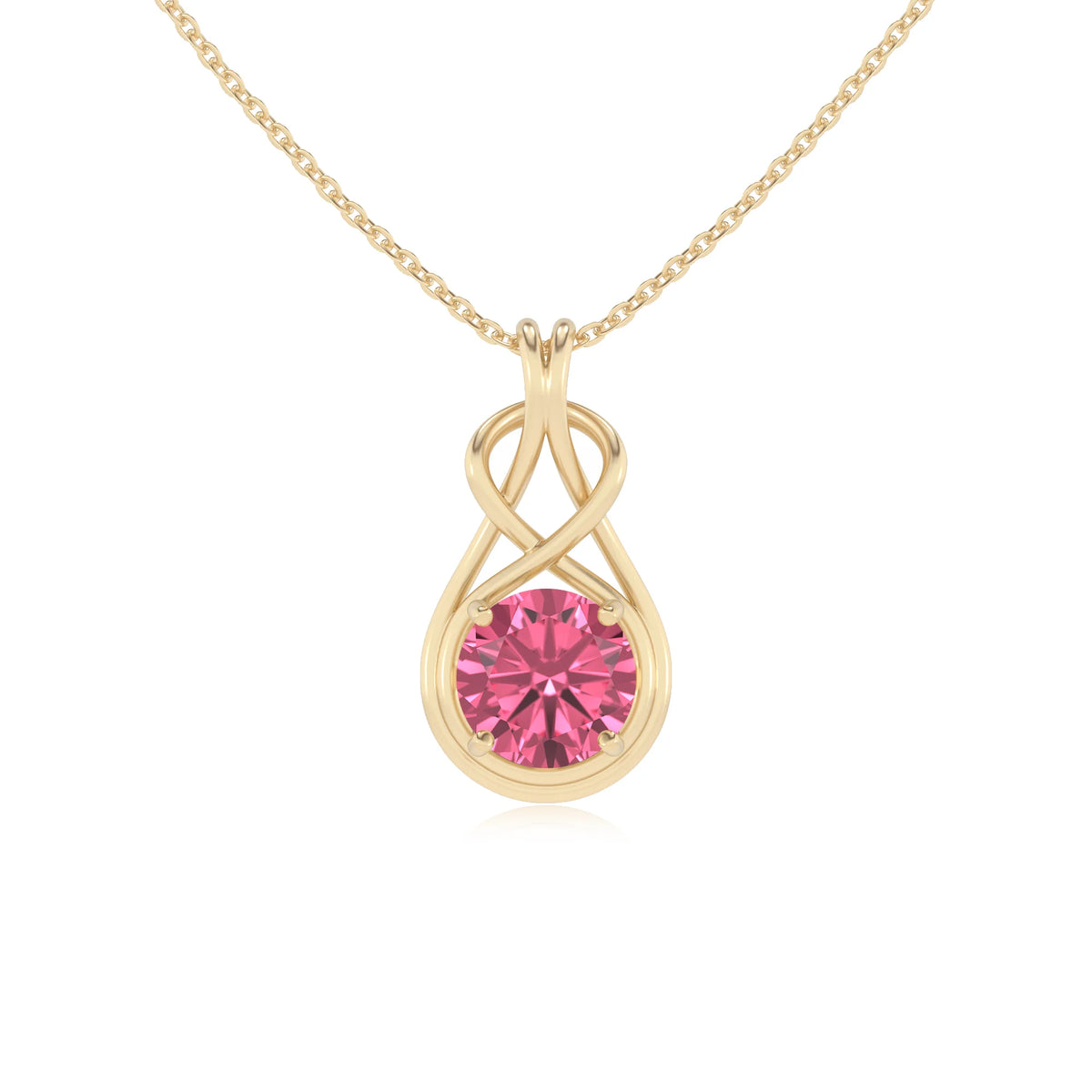 lab grown pink-tourmaline round solitaire necklaces in yellow gold 