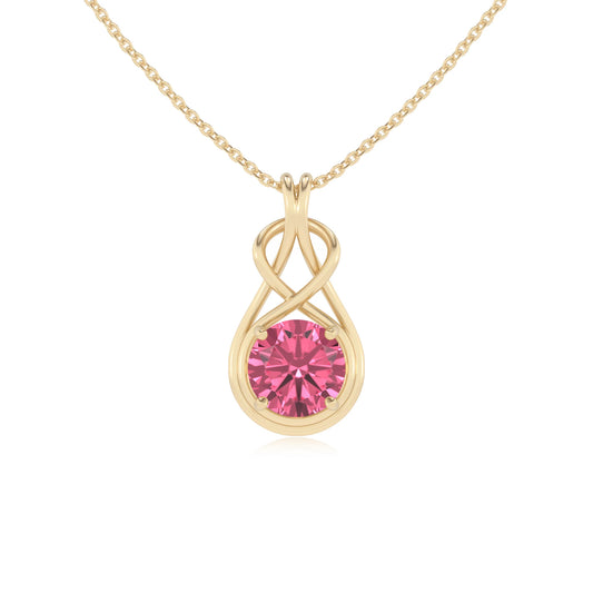 lab grown pink-tourmaline round solitaire necklaces in yellow gold 