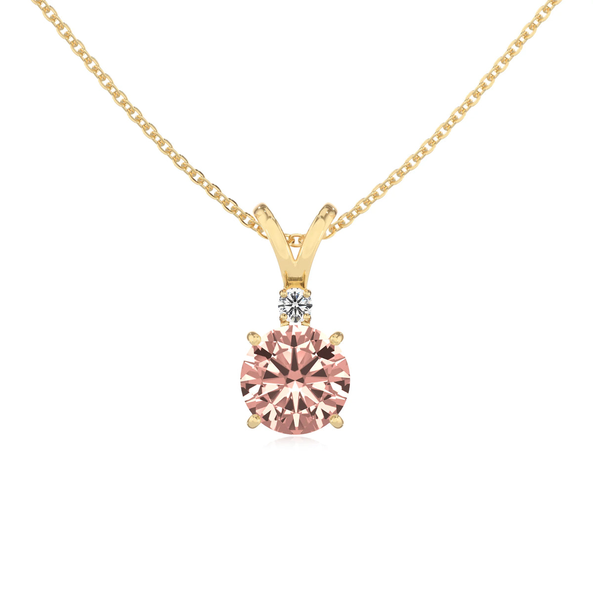 lab grown morganite round solitaire v-bale necklaces in yellow gold 